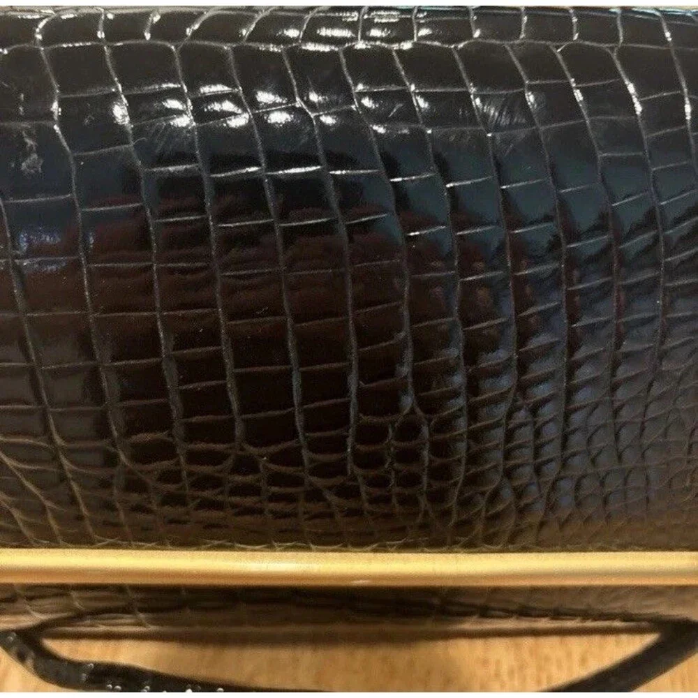 Vintage Andé Black CrocEmbossed Crossbody Bag Gold Bar Accent 80s Minimalist EUC